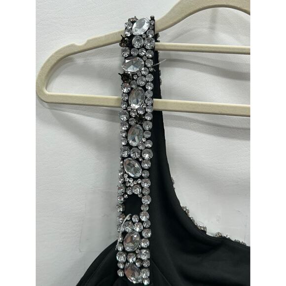 Scala Black Crystal Embellishments One-Shoulder Ruched Cocktail Dress Sz 8 FLAWS - Picture 10 of 16